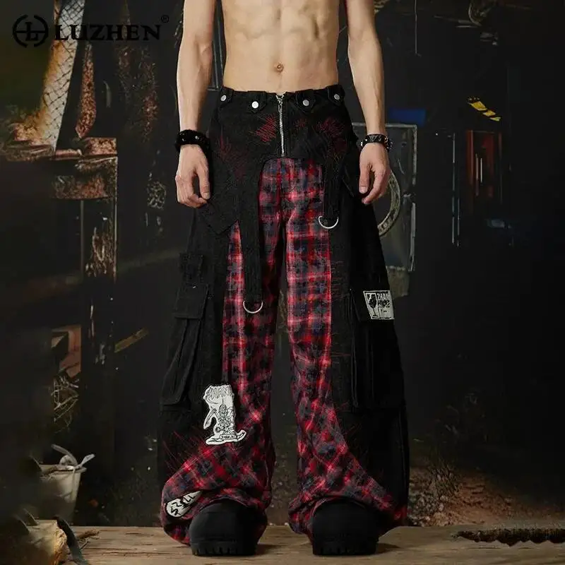 

LUZHEN 2026 New Original Personalized Plaid Splicing Detachable Hemline Design Straight Casual Pants Men Fashion Trousers JY6607