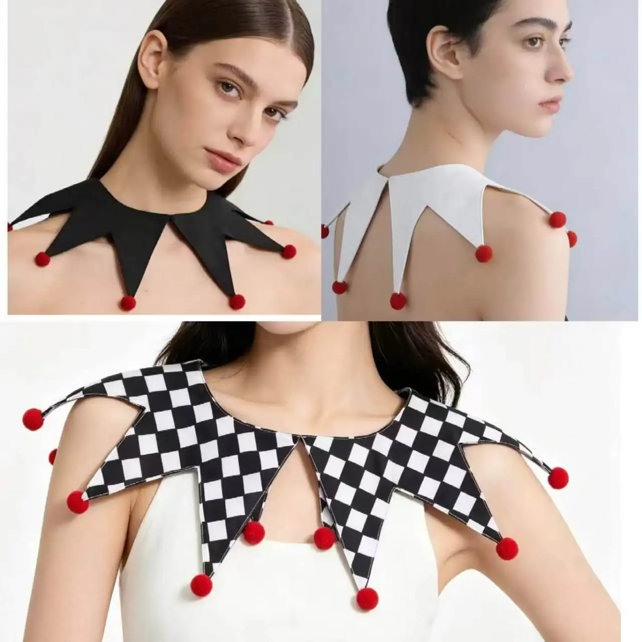 Halloween Unisex Joker False Collar,Checkered Shawl Cape Funny Cosplay Neck Wrap With Pom‑pom Costume Decor Accessories