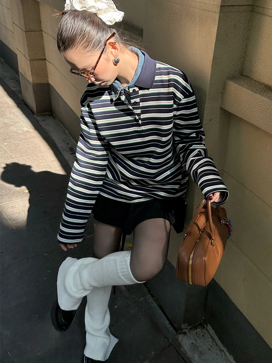 Polo de rayas de Rugby pesado para hombre y mujer, Jersey de calle Vintage de manga larga de algodón grueso con bloques de Color Retro, ropa de calle Americana