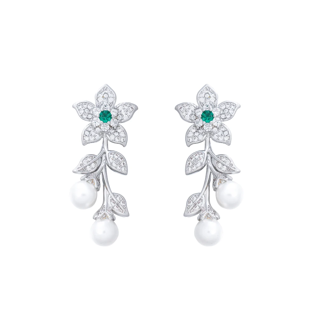 ThreeGraces New Fashion Green CZ Crystal Flower Shape Elegant Simulated Pearl Drop Earrings for Women Bridal Party Jewelry E1450