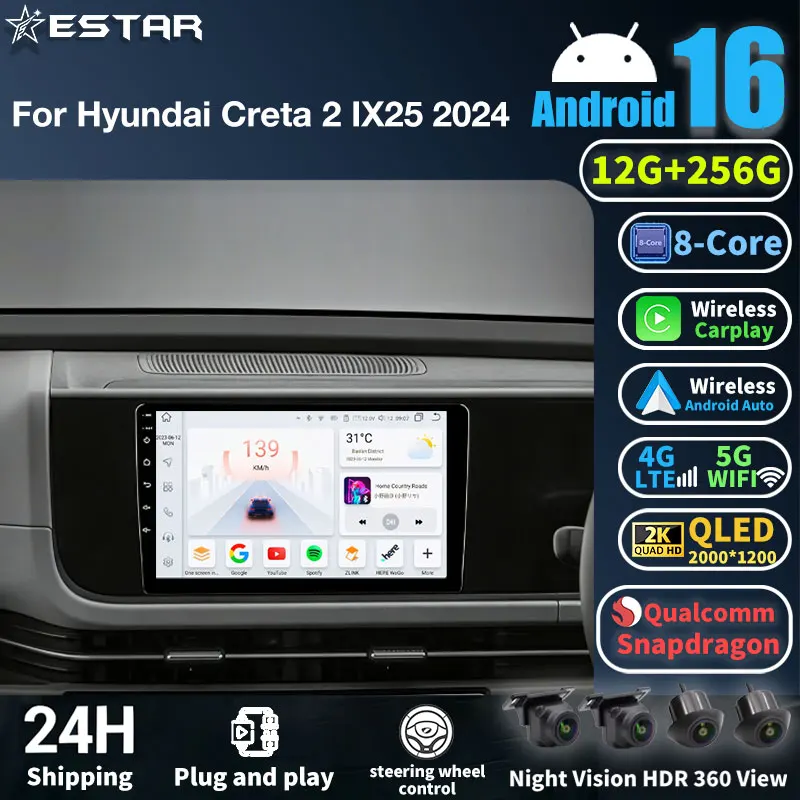Android 16 Wireless Carplay For Hyundai Creta 2 IX25 2024 Navi Navigation Head Unit BT 4G LTE Auto DSP 360 Camera Car Radios GPS
