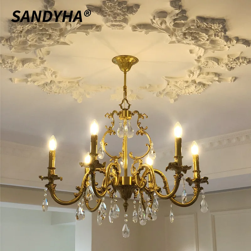 

SANDYHA French Brass Crystal Candle Pendant Lights LED Lamps for Living Room Decoration Bedroom Restaurant Hanging Chandelier
