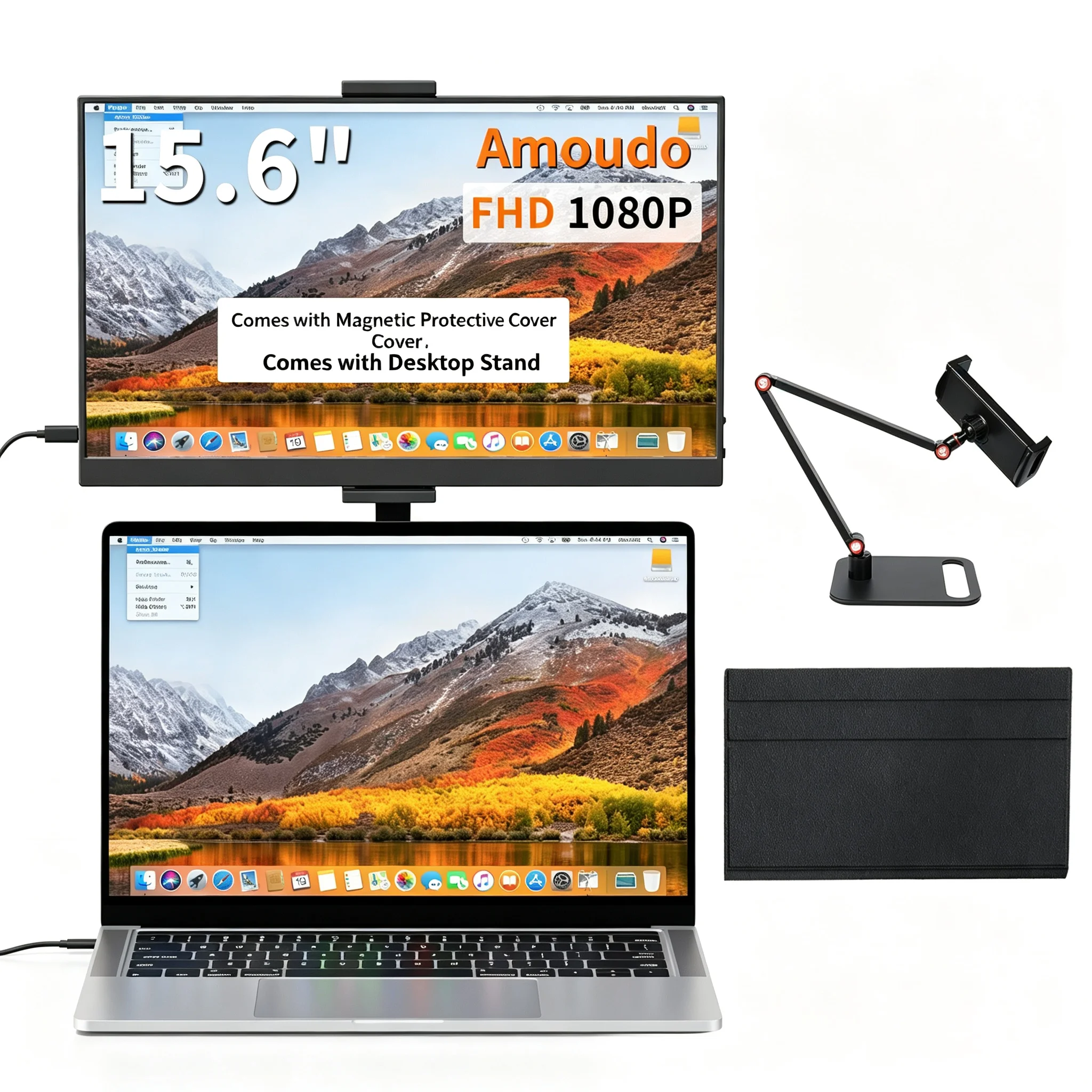 Moniteur portable Amoudo avec support 15,6 pouces 1920x1080P 60Hz USB Type-C et Mini HDMI, support de bureau, deuxième écran pour PS4, Xbox, Switch, P