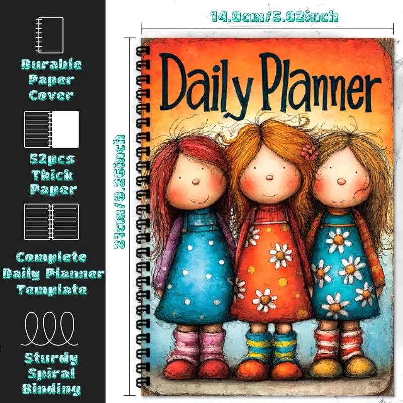 Daily & Weekly Planner | Spiral Binding Notebook A5 Size - Suitable for Teachers & Students, Vibrant Cartoon Girls Design