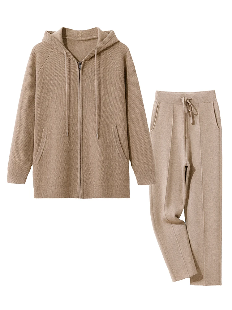 CHICUU Men's 100% Cashmere Knit Sweater Pants Set Hoodie Pullover Straight Leg Pants Autumn Winter Casual Thick Cashmere Knit