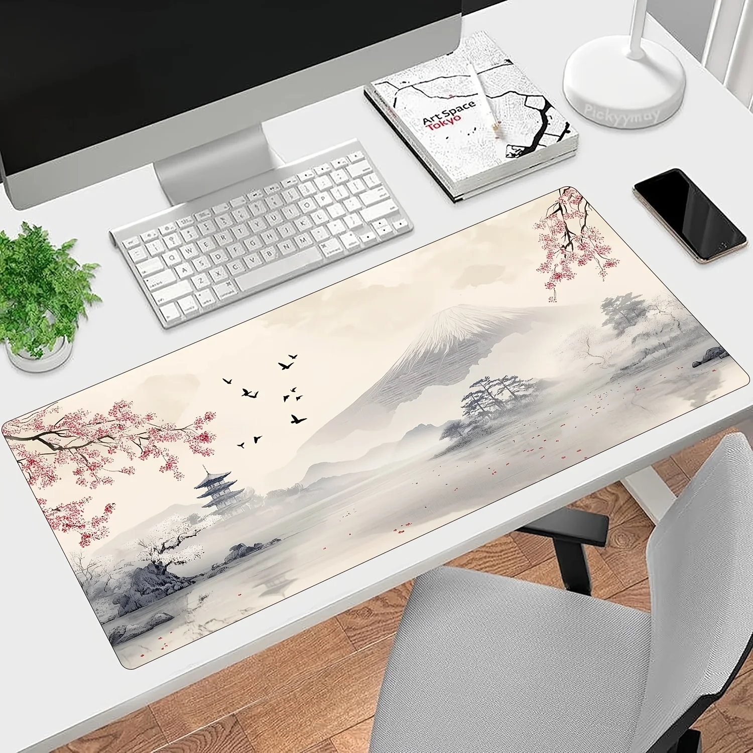 Japanese Mount Fuji Large Mouse Pad,Cherry Blossom and Pavilion Design,Ultra-Smooth Keyboard Mat, Stitched Edges, XXL Gaming Mat