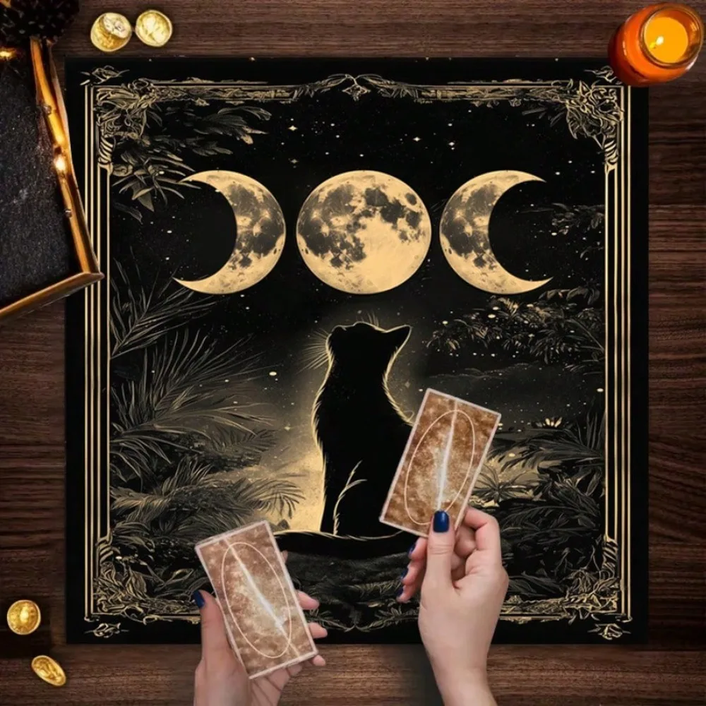 Mystic Moon Phase Black Cat Altar Cloth Multiple Sizes HD Sublimation Print Starry Sky 100 Polyester Machine Wash Divination