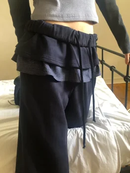 Deeptown Y2k Harajuku Streetwear taille haute pantalon à jambes larges Style coréen Vintage Kawaii doux solide faux deux pièces pantalon 2024