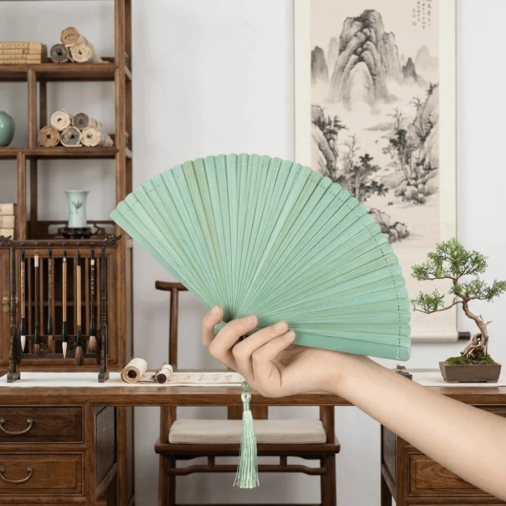 Lightweight Retro Bamboo Folding Fan Portable Minimalist Handheld Fans Classical with Tassel Hand Cranked Fan Women