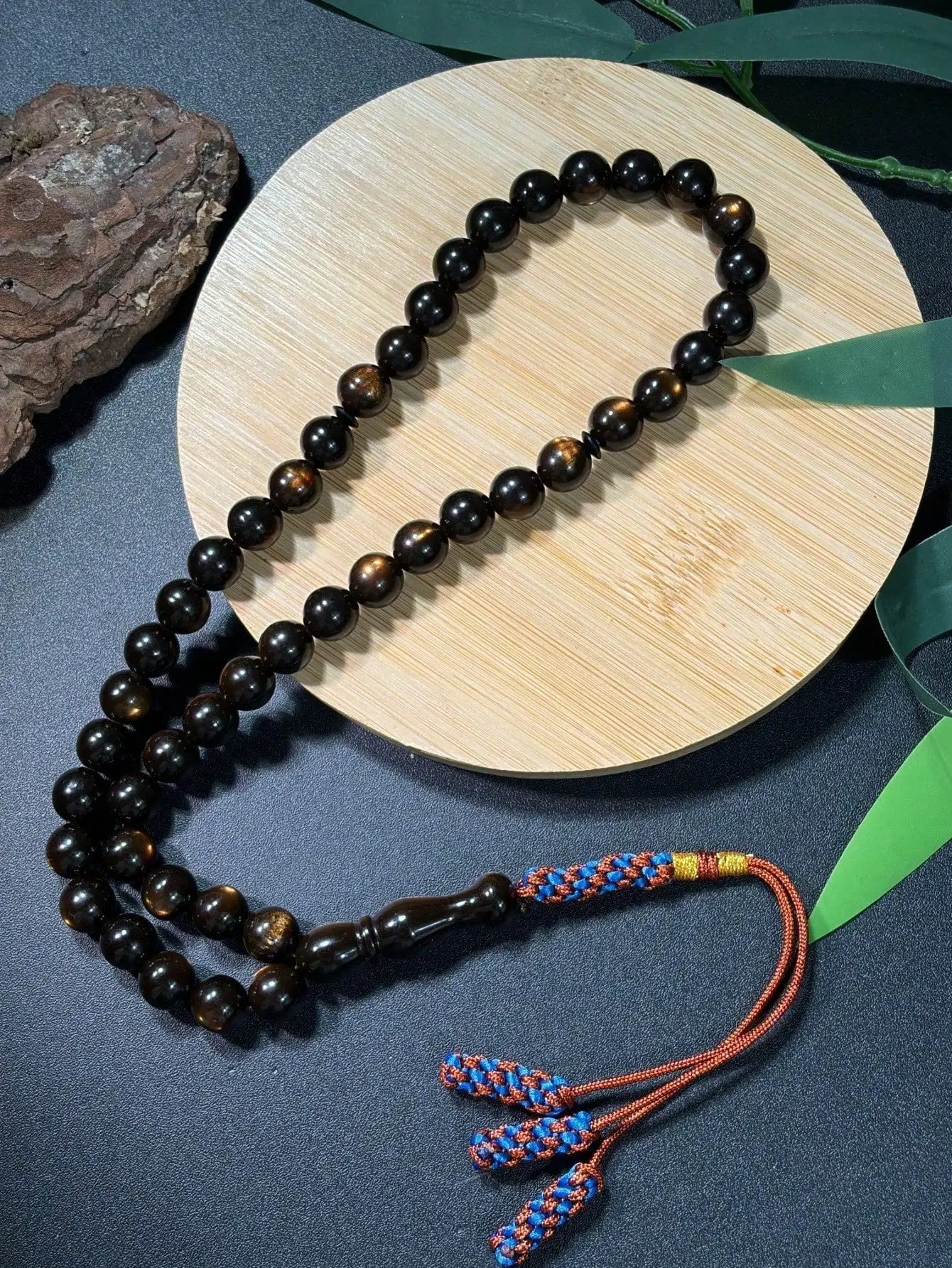 1Pc 45 Beads Acrylic Cat Eye Muslim Tasbih Contrast Blue Brown Hand Woven 3 Strands Tassel Islamic Prayer Beads Misbaha for Reli