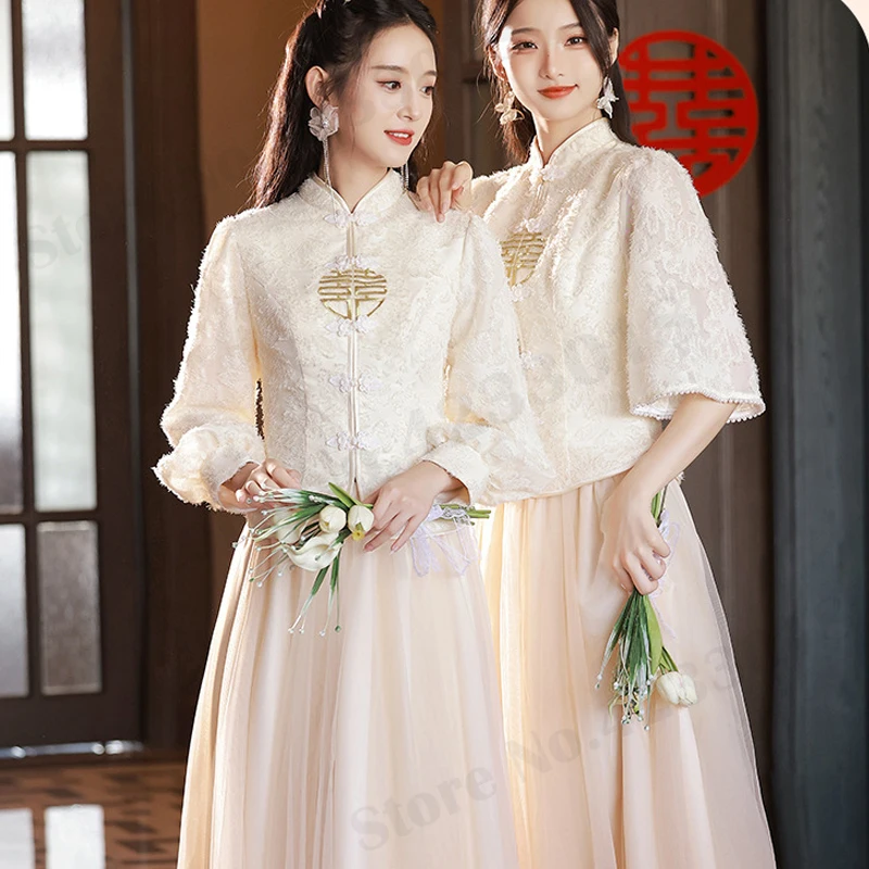 Champagne Bridesmaid Xiuhe Costume Cheongsam Fashion Improved New Chinese Qipao Suit Wedding Party Dress Hanfu 3XL Tang Clothes