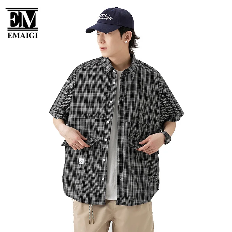 

Summer Men City Boy Loose Casual Short Sleeve Plaid Shirts Male Japanese Streetwear Outdoor Vintage Oversize Shirts Blouses