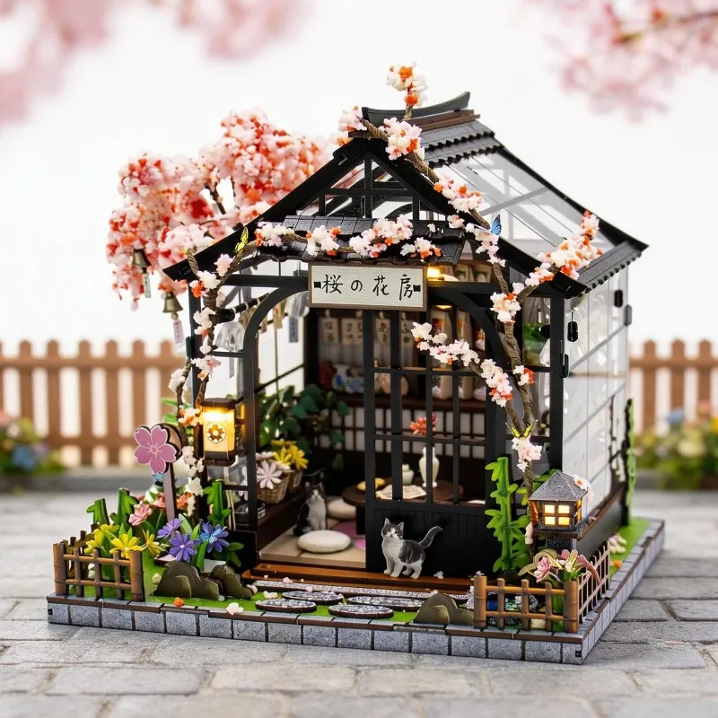 DIY Wooden Spring Sakura Greenhouse Cottage Miniature Dollhouse 3D Puzzle Assembly Model Kits for Adults Birthday Gifts Toys