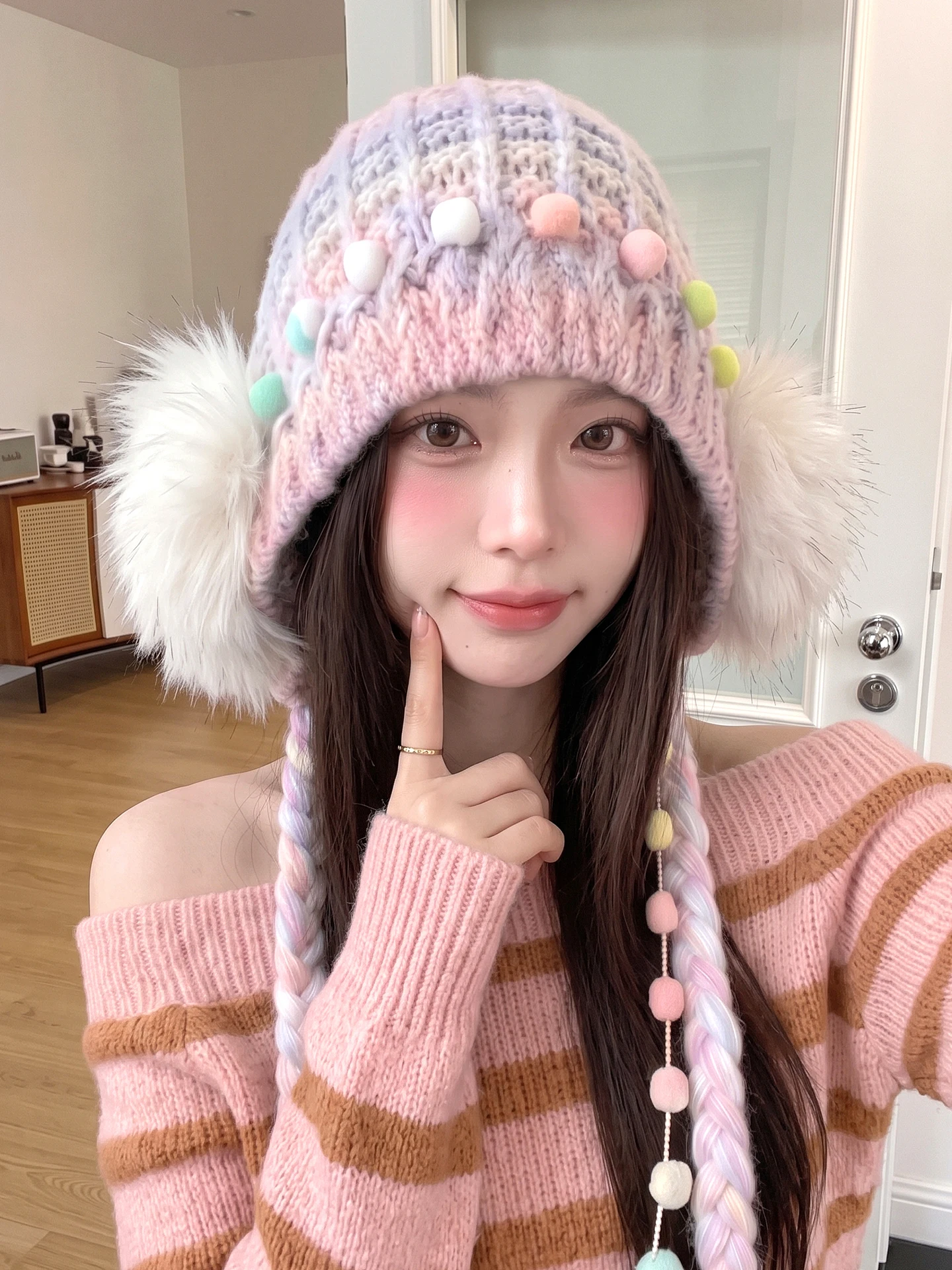 Korean Style Gradient Furry Knitted Hat Women's Autumn Winter Warm Large Head Size Cold Hat Sweet Versatile Atmosphere Knitwear
