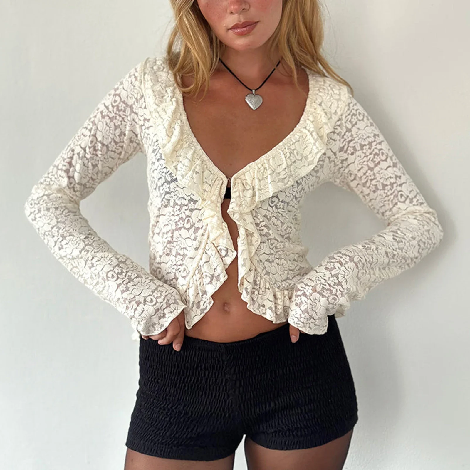 Women Sheer Long Sleeve Lace Cardigan Ruffled Trim Summer V-Neck Sun Protection Tops