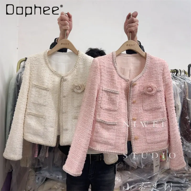 

Spring Autumn High-end Celebrity Temperament Slim Short Tweed Jacket Three-dimensional Flower Crew Neck Single-breasted Jacket