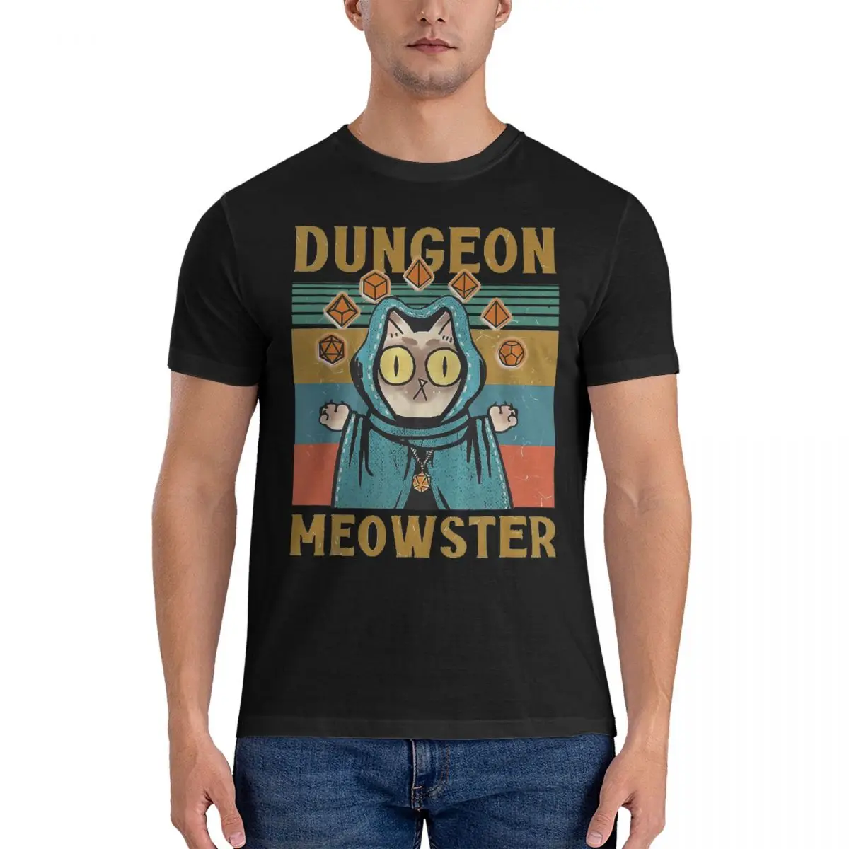 Men Dungeon Meowster Funny Nerdy Gamer Cat D20 Dice T Shirt D-DnD Game Pure Cotton Clothing Casual Short Sleeve Crewneck Tees