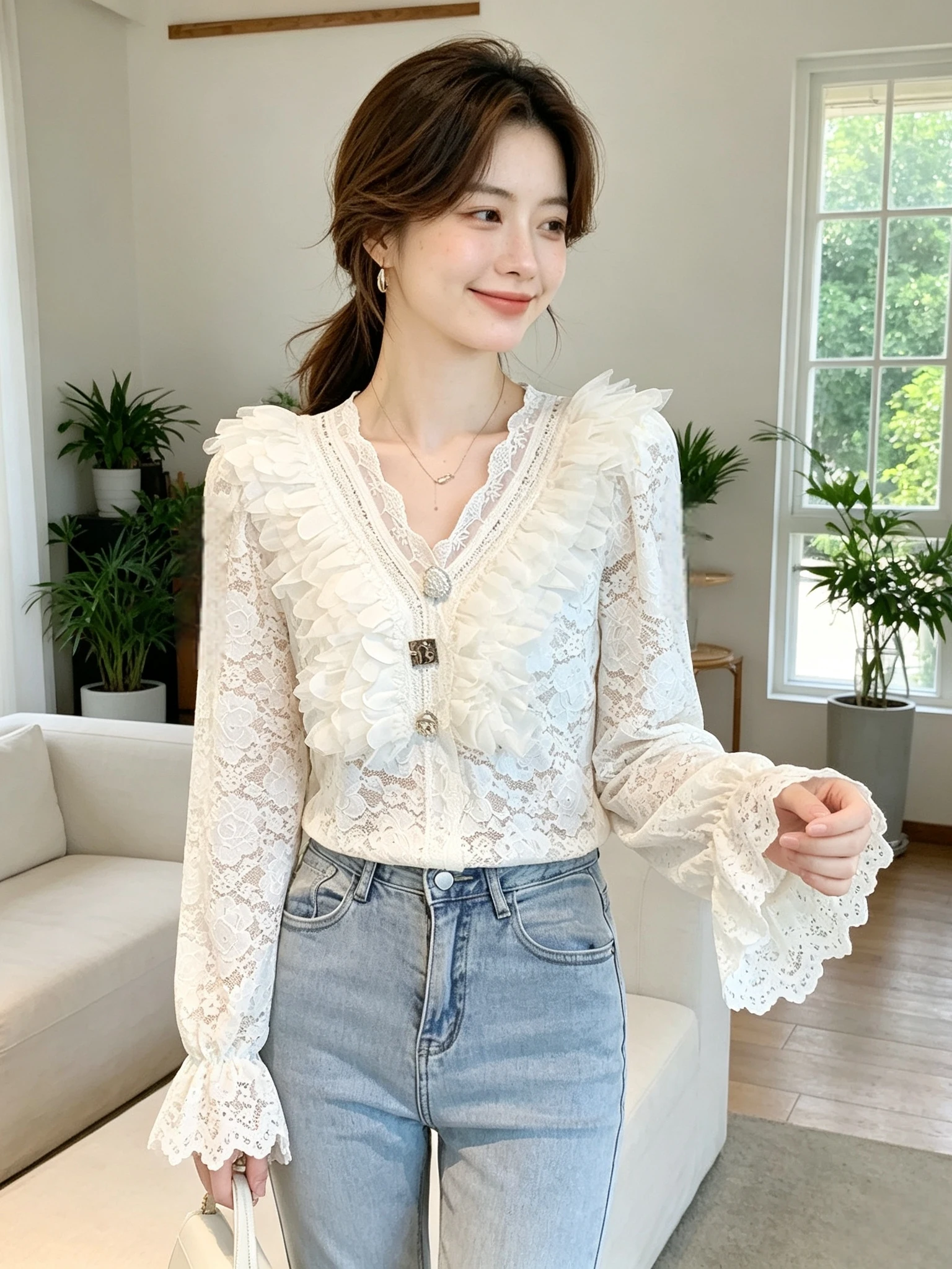 Romantic Style Women's Long Sleeve V-Neck Lace Shirt Heavy Embroidery Slimming Elegant All-Match Autumn Winter New Arrival