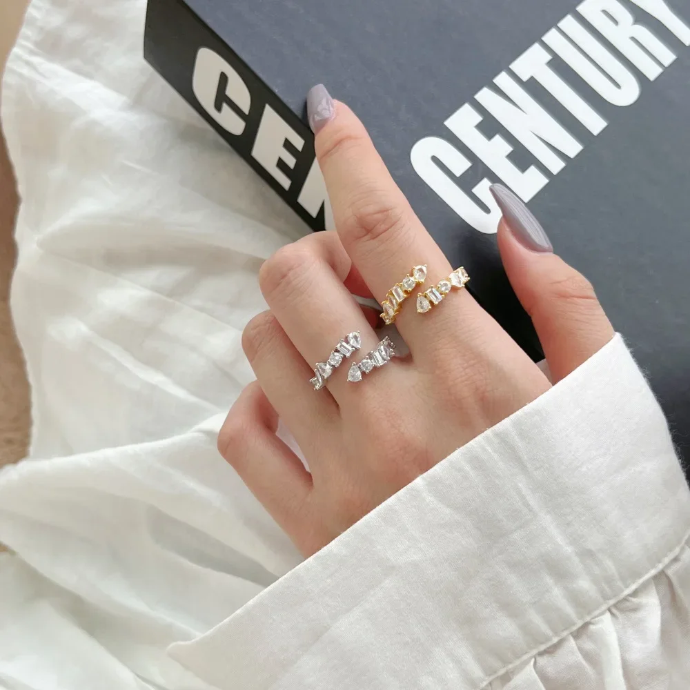 STL Korean Version New S925 Pure Silver Women's Ring with Geometric Zircon Inlay, Simple and High-end