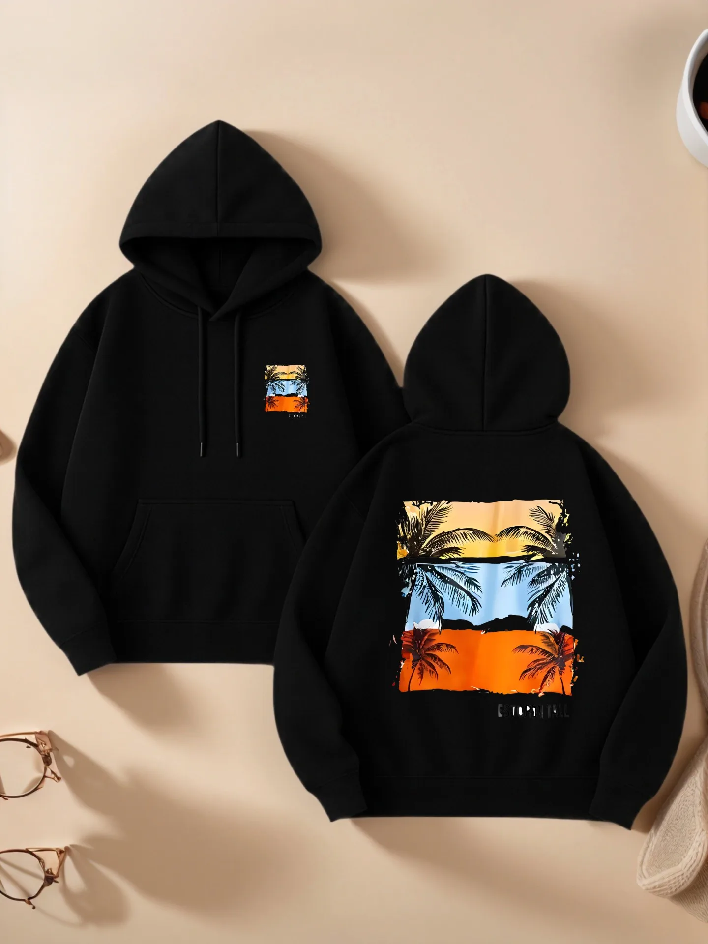 Graphic Hoodie Women, Tropical Palm Tree Print, Casual Aesthetic, Soft Fabric, Fall Vacation Outfit, For Young Men