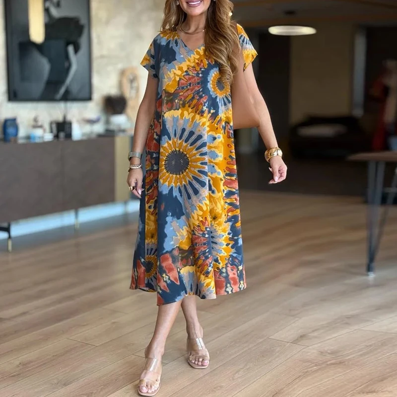 Zomerjurk Dames V-hals Korte mouw Losse strandvakantie Jurken voor dames Casual losse midi-jurk Boho