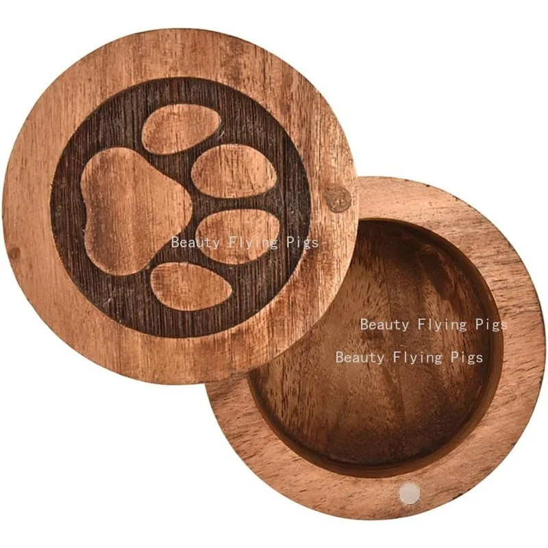 Mini Pet Ash Urn, Wooden Pet Urn with Paw Prints, Circular Small Ash Souvenir Box, Hamster Remains Commemorative Container