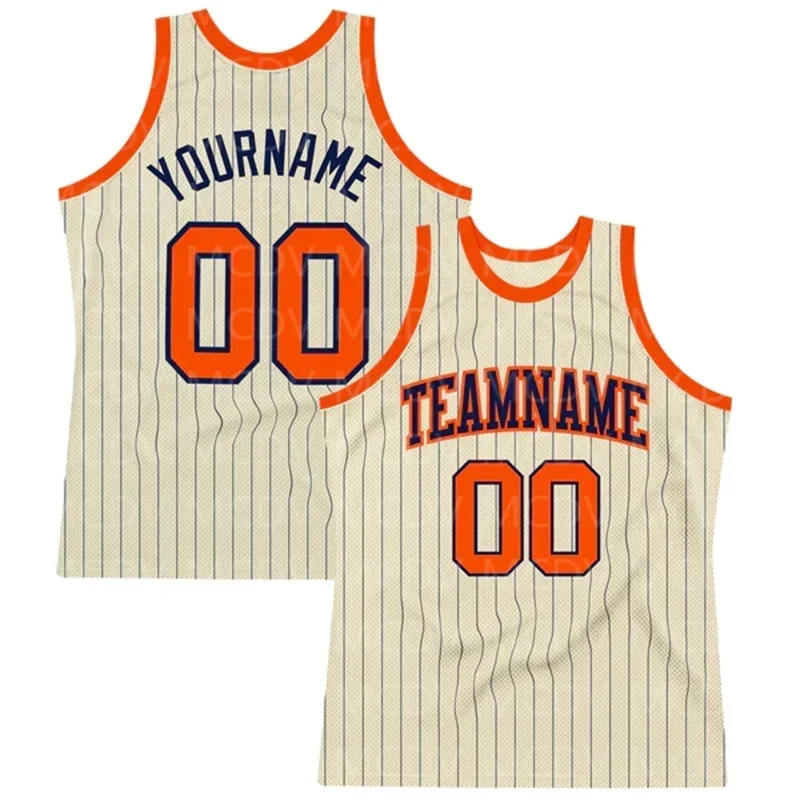 

Custom Navy Pinstripe Orange Authentic Basketball Jersey 3D Print Team Name Number Vest Game Practice Clothes Adult/Youth