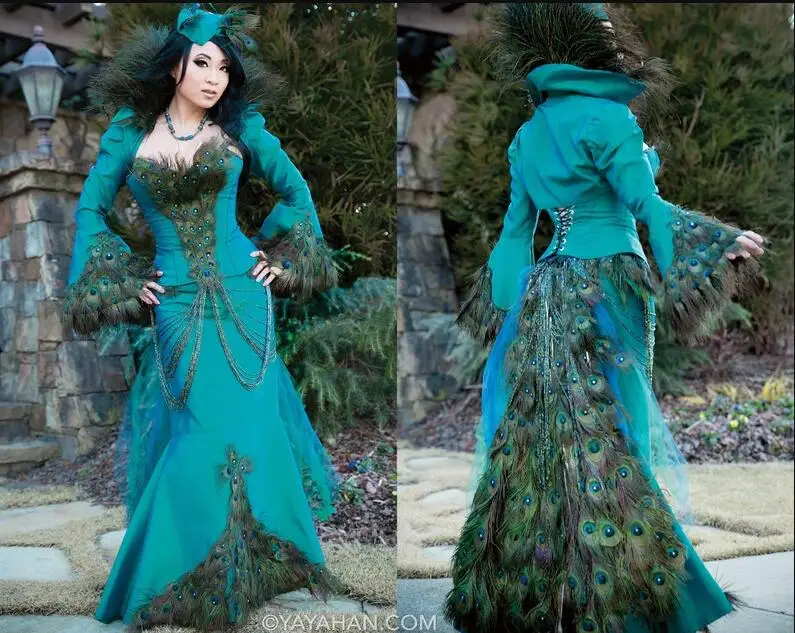 Original Peacock Costume Sewing Pattern Prom Dresses with Long Sleeve Movie Teal Blue Mermaid Lace-up Corset Evening Gown