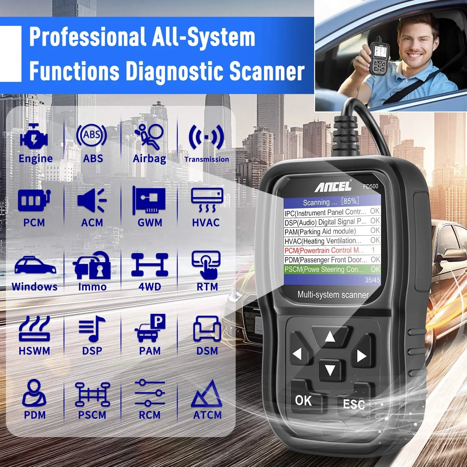 ANCEL FD500 OBD2 Scanner Full System Code Reader OBD 2 with Engine ABS SRS EPB/Throttle Oil Reset Car Diagnostic Tool for Ford