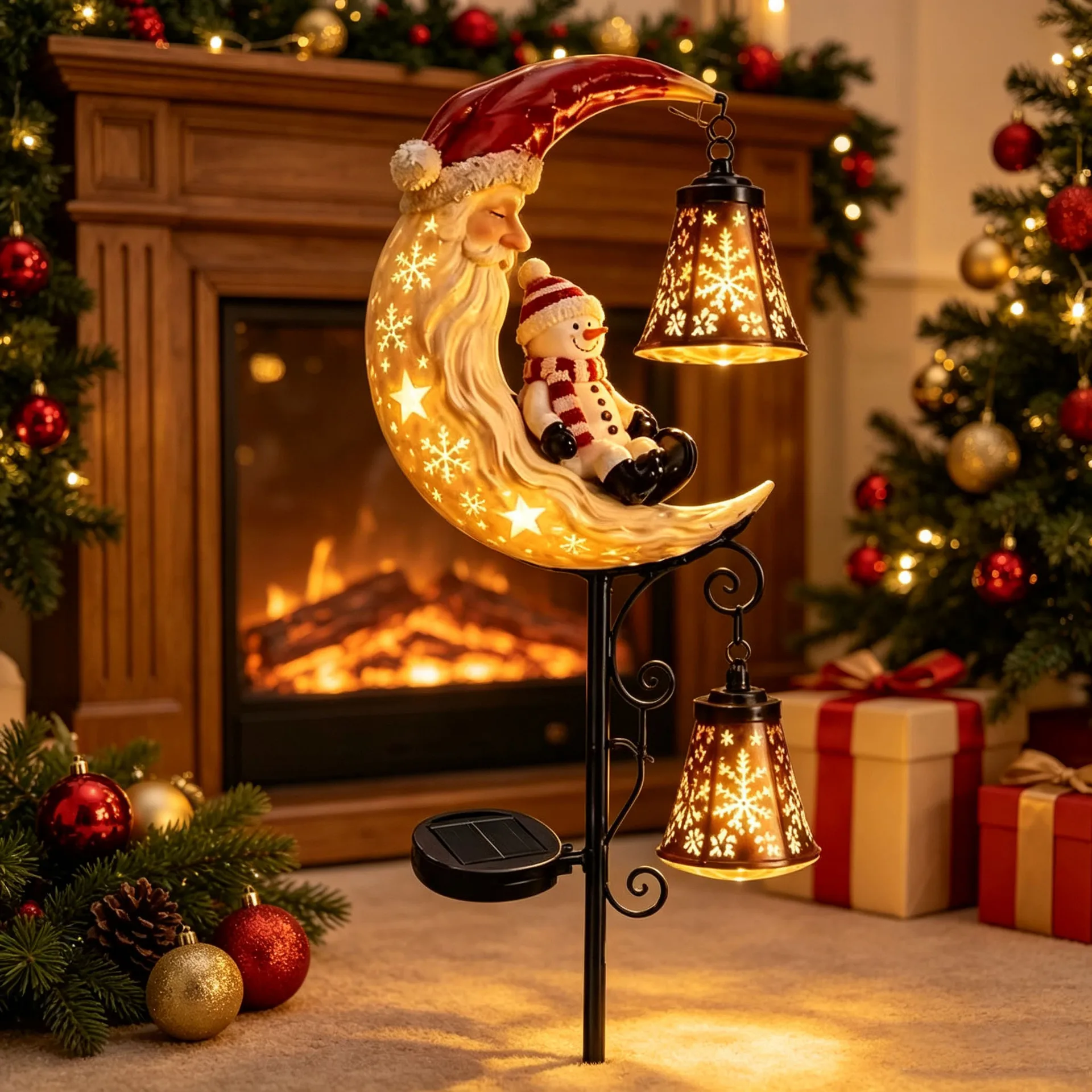 Solar Moon Santa Snowman Garden Stake Light Double LED Lantern Waterproof Outdoor Christmas Yard Xmas Decoration