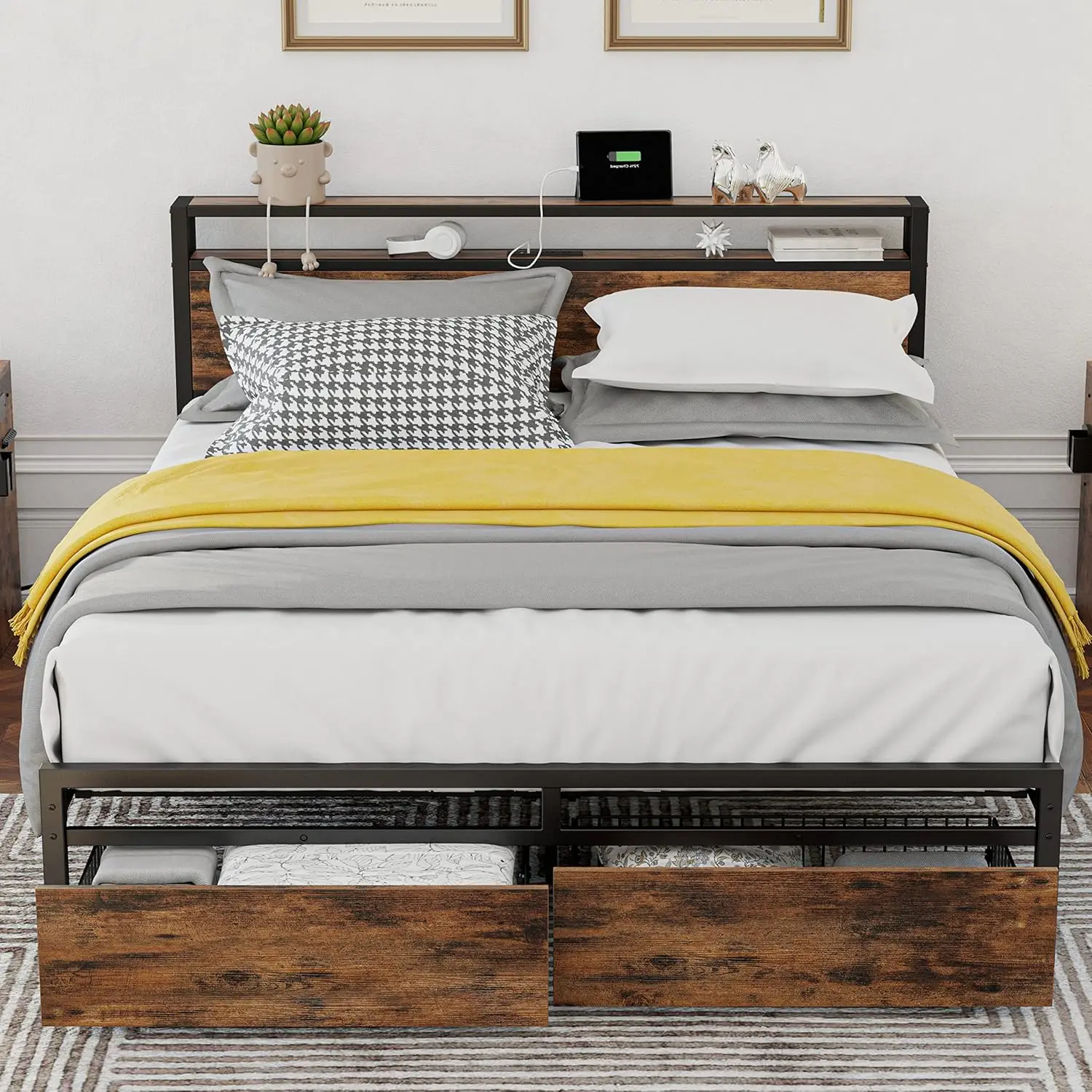 LIKIMIO Queen Bed Frame with Storage Headboard, Platform Bed with Drawers and Charging Station, No Box Spring Needed