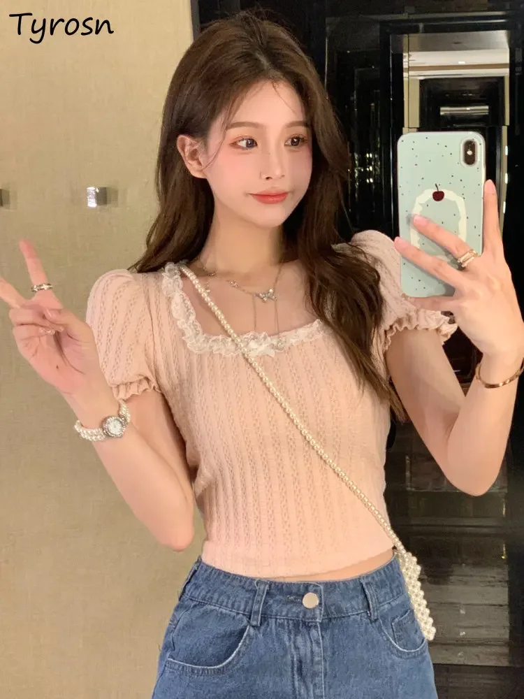 

T-shirts Women Sweet Summer Patchwork Design Leisure All-match Square Collar Daily Slim Fashion Lace Tender Korean Style Ruched