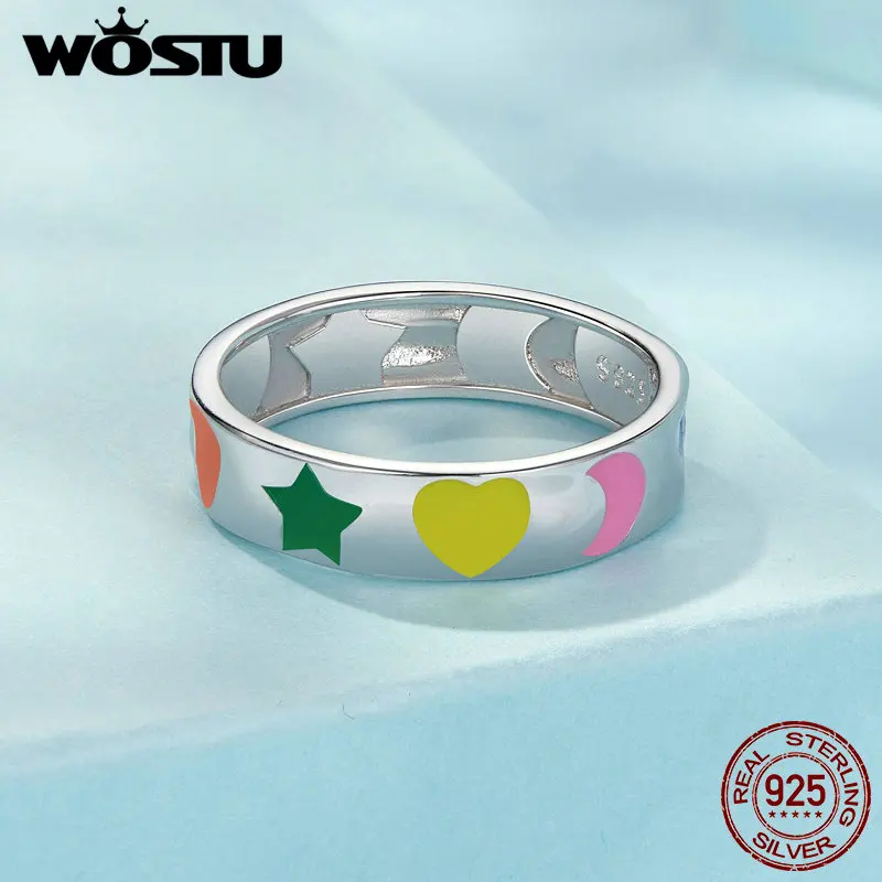 WOSTU Original 925 Sterling Silver Colors Rainbow Heart Moon Wide Ring with White Gold Plated for Women Party Gift Fine Jewelry image 5