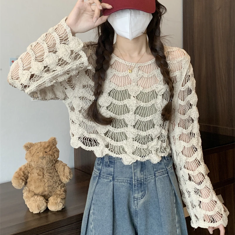 crochet t shirts Women Summer Thin and Lazy Style Pullover women hook hollow out crochet tops