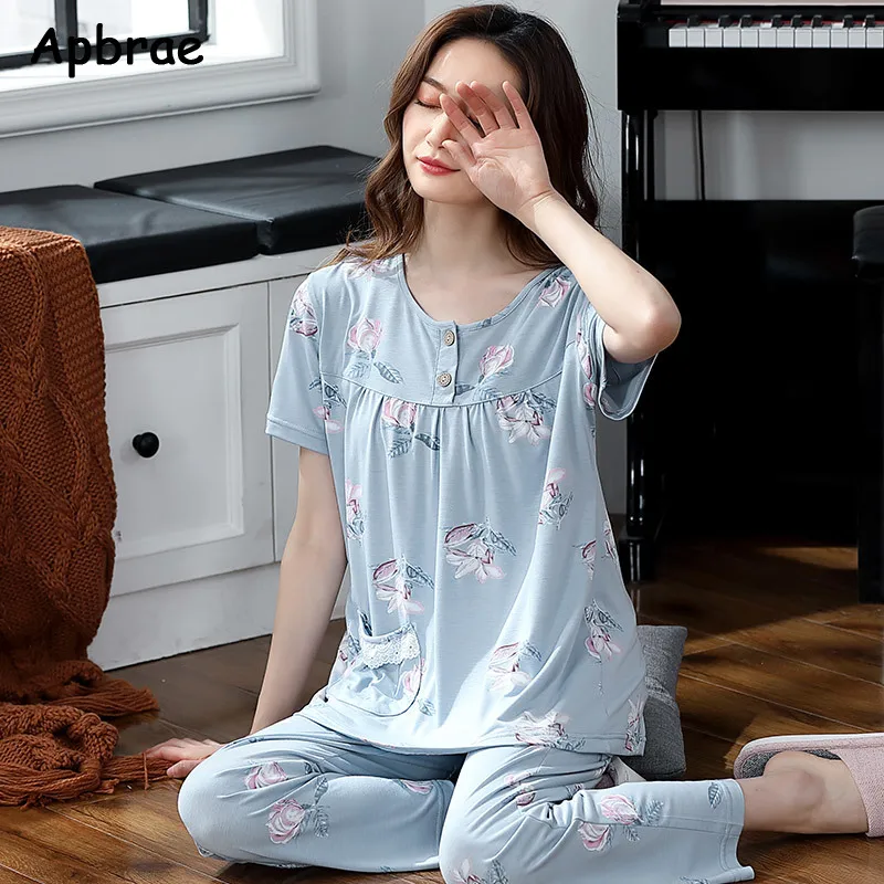 Plus Size M-4XL New Summer Women Pajamas Modal Sleepwear Letter Print Short Sleeve Long Pants Loungewear Woman Homewear