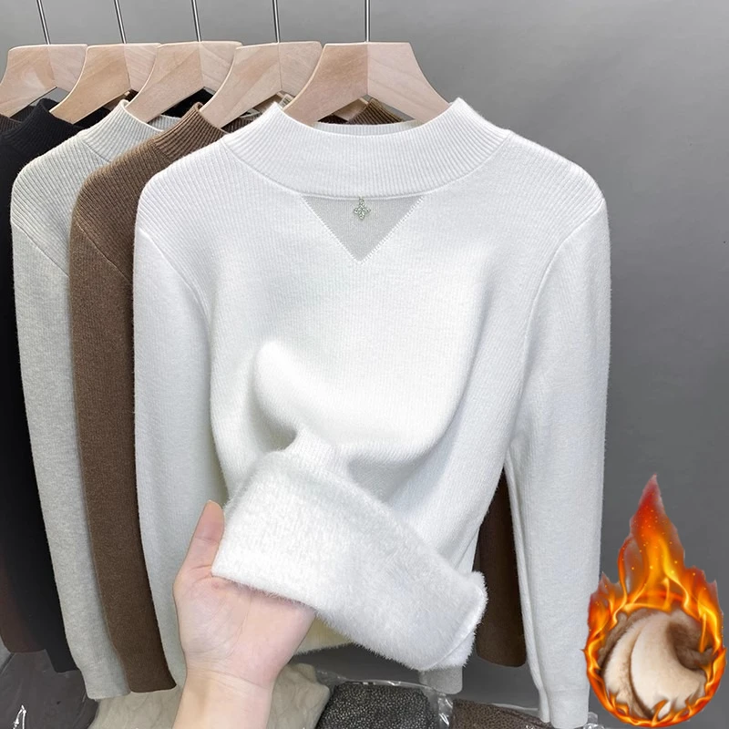 Zjaiss 2025 الخريف الشتاء الدافئة قاعدة طبقة المرأة صوف مبطن سميكة محبوك سترة قطعة واحدة الصوف بلوفر مغزول #1