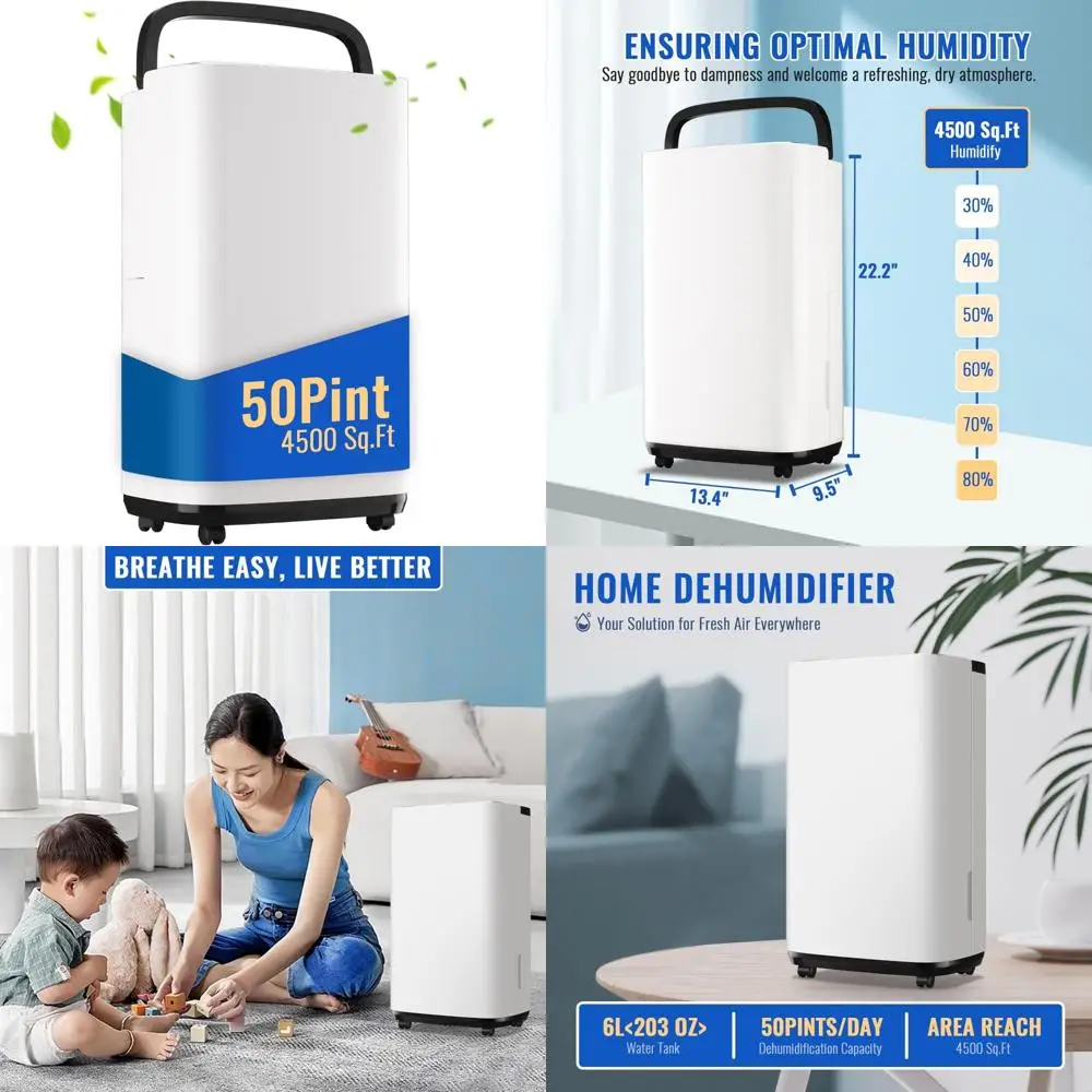 

WANAI 50 Pint Portable Dehumidifier with Drain Hose for Basements, 4,500 Sq. Ft. Dehumidifiers Auto Drain or Manual Drainage, Qu