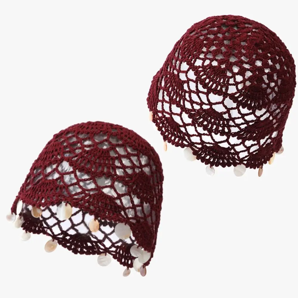 Elegant Hollowed Out Knitted Hat Solid Color Ethnic Style Bohemian Style Beanies Thin Korean Shell Tassels Hat Pullover Hat