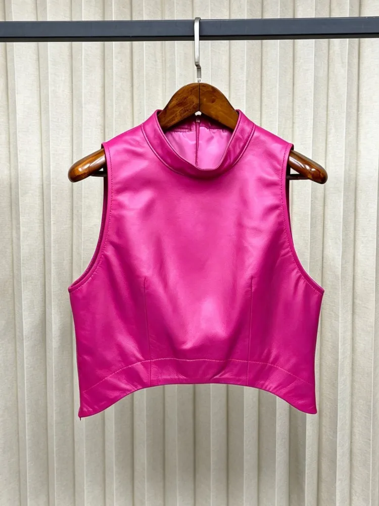 Women Streetwear Fashion Sheepskin Stand Collar Genuine Leather Vest Top Sleeveless Pullover Waistcoat Casual Loose Fit Vests