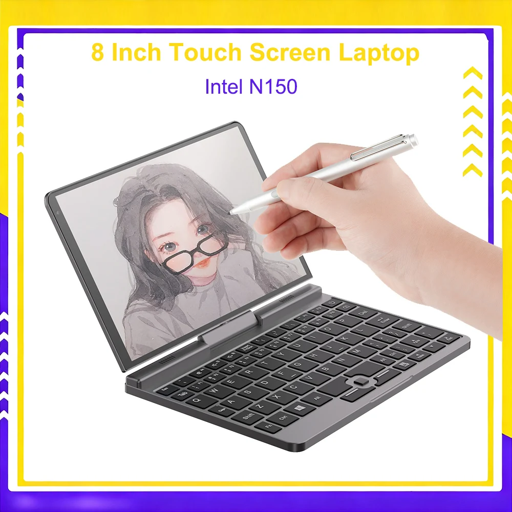 Touch Screen Laptop 8 Inch Mini Notebook Intel N150 Quad Core LPDDR5 12GB 1TB 4800MHz Windows11Pro AX WiFi6 BT5.2 RJ45 LAN