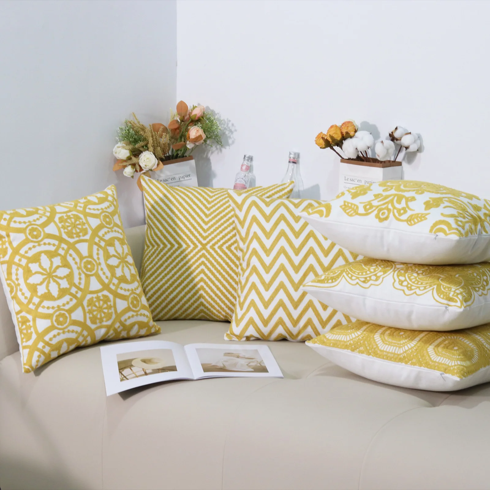 Home Decor Embroidered Cushion Cover Yellow Geometric Floral Canvas Cotton Suqare Embroidery Throw Sofa Pillow Cover 45x45cm