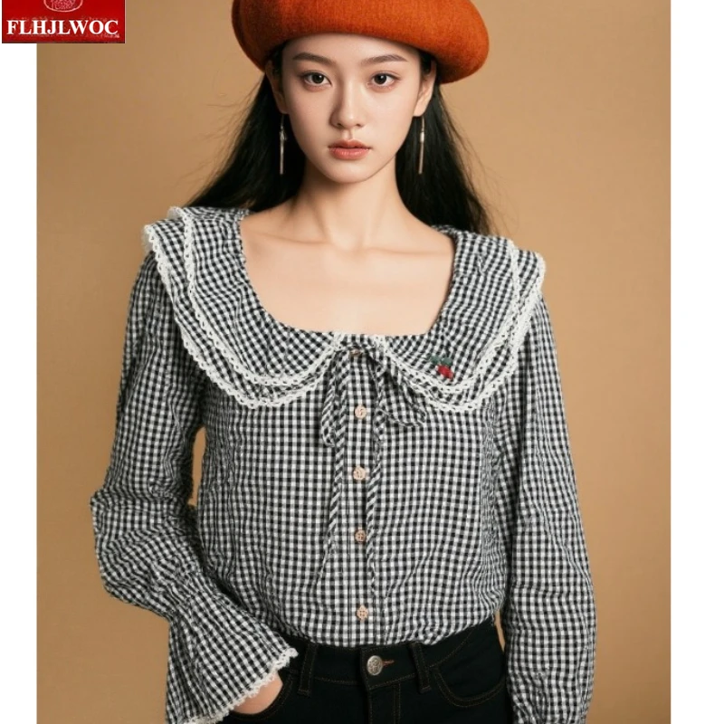 Lose Kleidung Peter Pan Kragen Tops Blusen Herbst Frau Flare Langarm Retro Vintage Fliege Tops Casual Nette Plaid Shirts