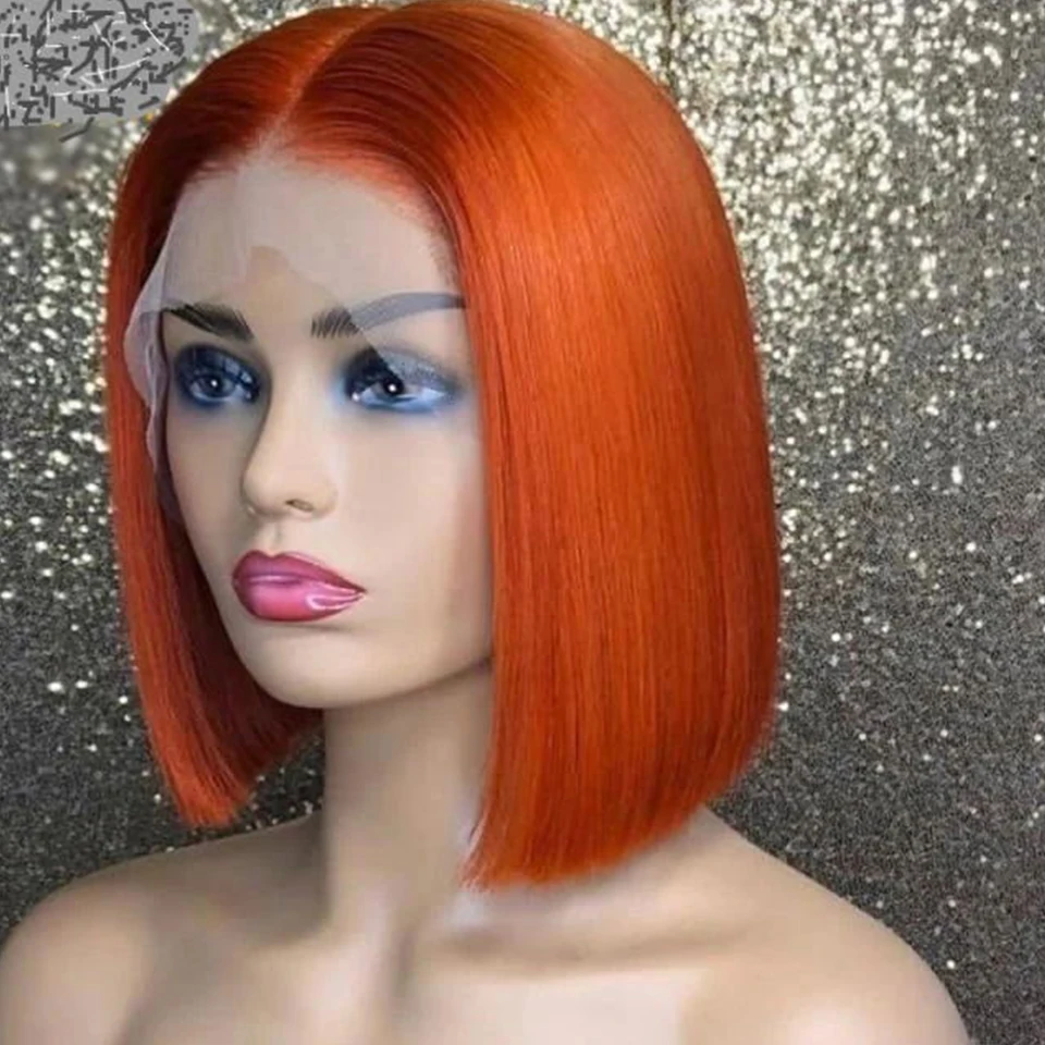 Brazilian Ginger Orange Short Bob Lace Front Wig Straight 13*6*1 T Part Lace Wig 180% Density Human Hair Wigs For Black Women