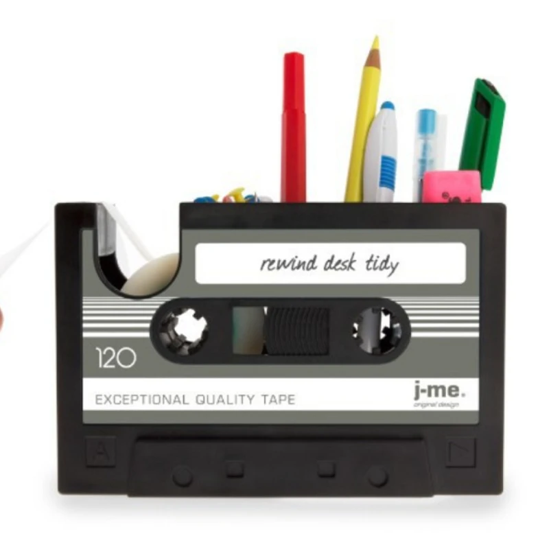 Multifunctional Tape Pen Holder Pencil Pot Storage Container Desk Stationery Organizer Retro Cassette Dispenser for Office Home
