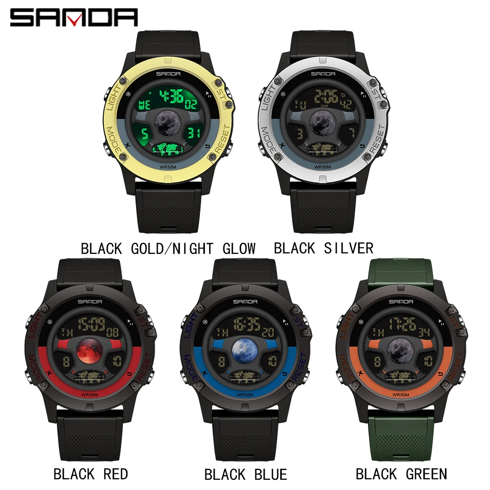 SANDA 9024 Steering Wheel Design Outdoor Sport Watch Men Multifunction Watches Alarm Clock 5Bar Waterproof Digital Reloj Hombre