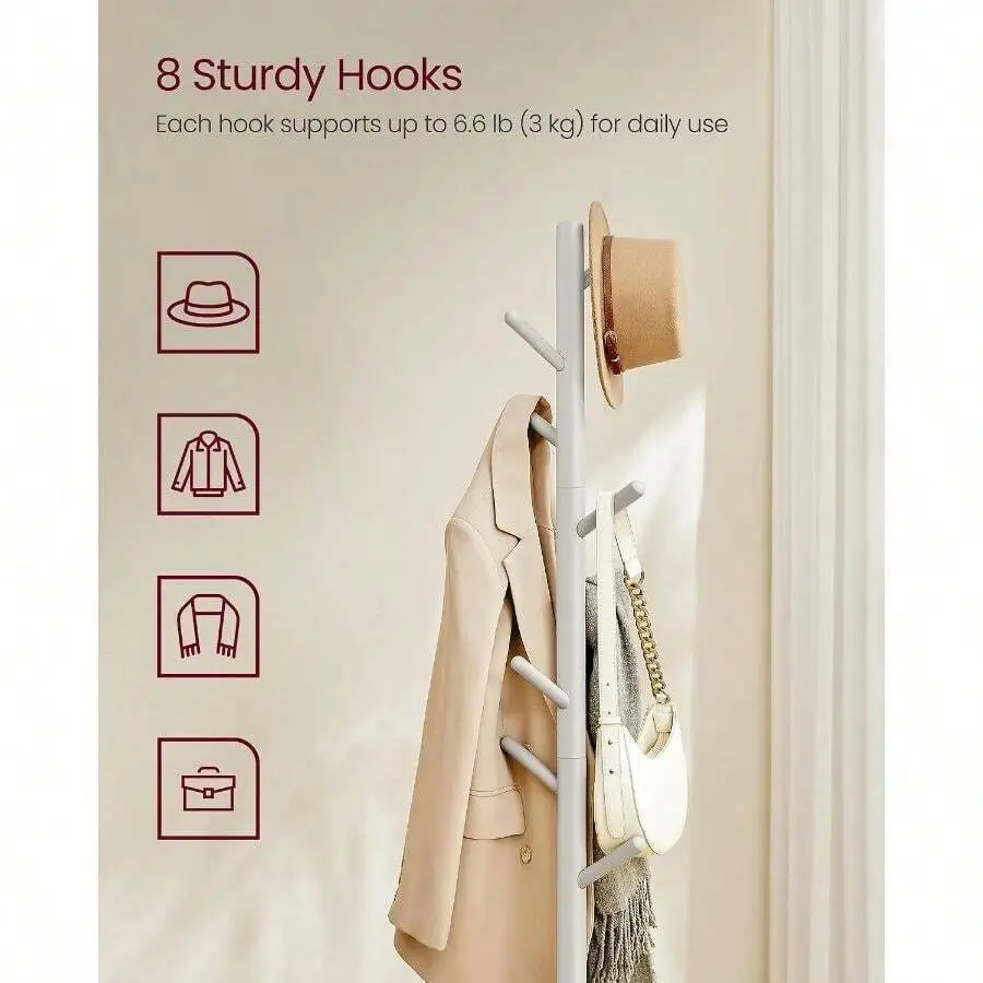 VASAGLE Solid Wood Coat Rack, Free Standing, Tree-Shaped, With 8 Hooks Coat Tree,3 Height Options, For Clothes, Hats, Bags, For