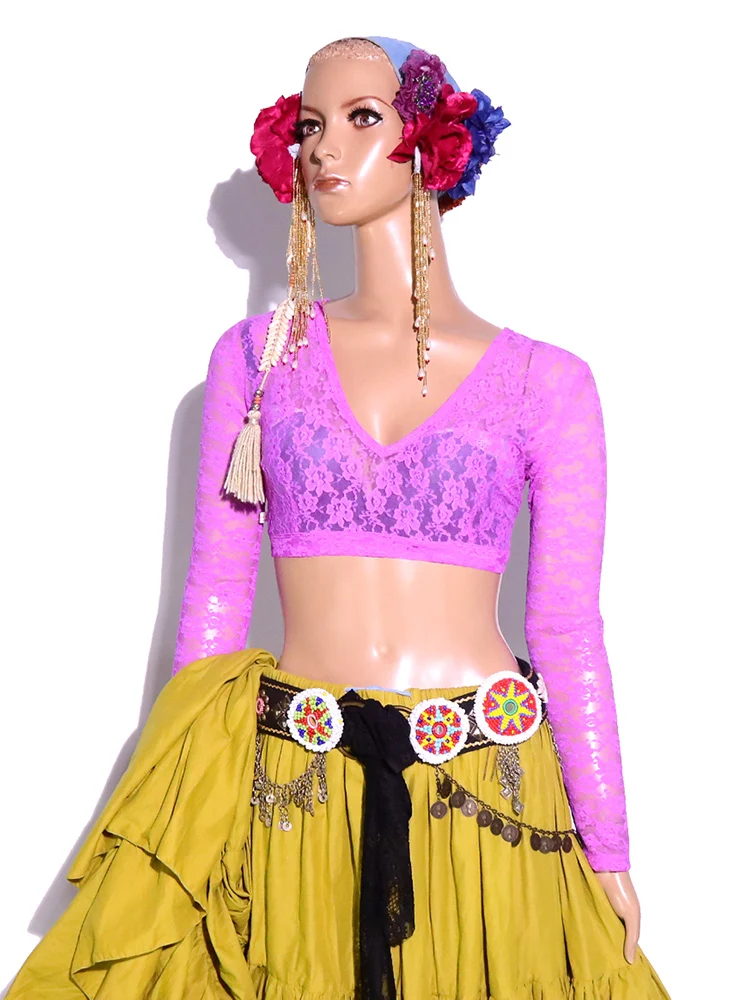 여성용 긴팔 레이스 밸리 댄스 탑 ATS 트라이벌 초리 의상 댄스 공연 및 가운용 BR31