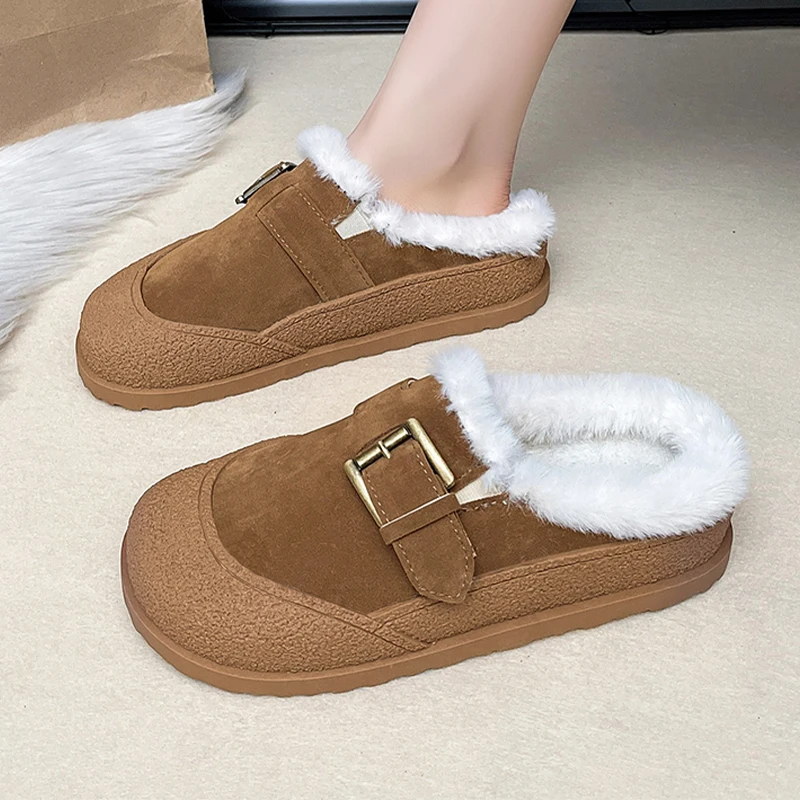 Appartamenti di pelliccia pantofole Casual in pelle scamosciata muli scarpe calde 2025 Trend inverno nuova moda breve peluche casa pantofola di cotone Flops Mujer