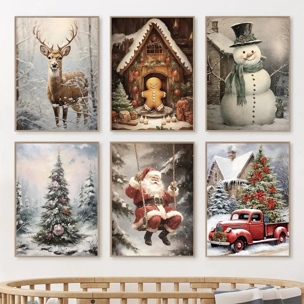 Christmas Tree Wall Art Decor Santa Claus On Swing Posters Prints Snowman Deer Winter Canvas Painting For Festival Decoration