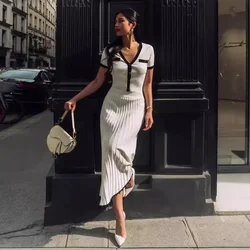 French Elegant Fashion Lady Knitted Medium And Long Skirt Short Sleeve Contrasting Color Splicing Casual Two Pieces Spring And S